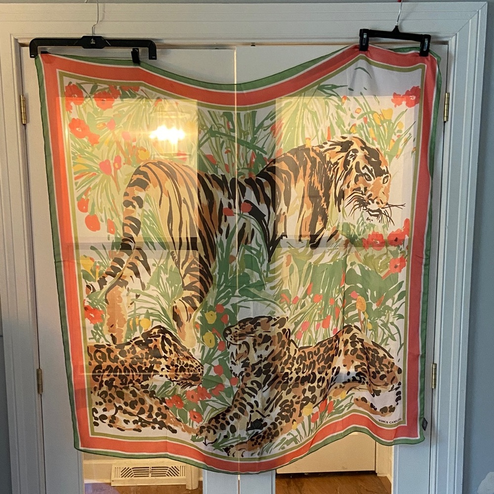 Vince Camuto Coral, Green & Cream Animal Print Silk Scarf